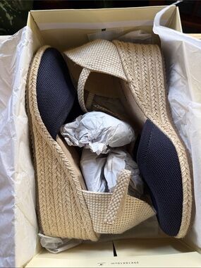 Anne Klein Women’s Espadrille Wedge Sandals in Navy Blue and Natural